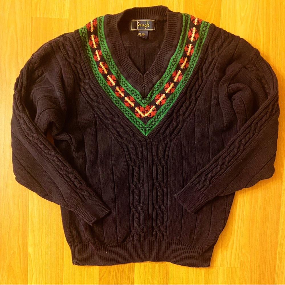 Vintage 90s navy v-neck cable knit cotton tennis sweater